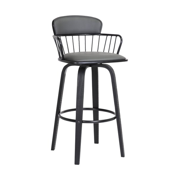 Armen Living Willow 25.5" Swivel Black Wood Counter Stool in Gray Faux Leather with Black Metal LCWIBABLKGRY26 - main